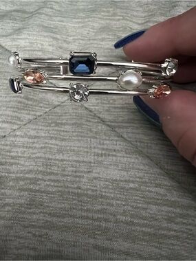Paparazzi Silver Multi-Stone Bangle Bracelet with Blue, Peach and Pearl Accents